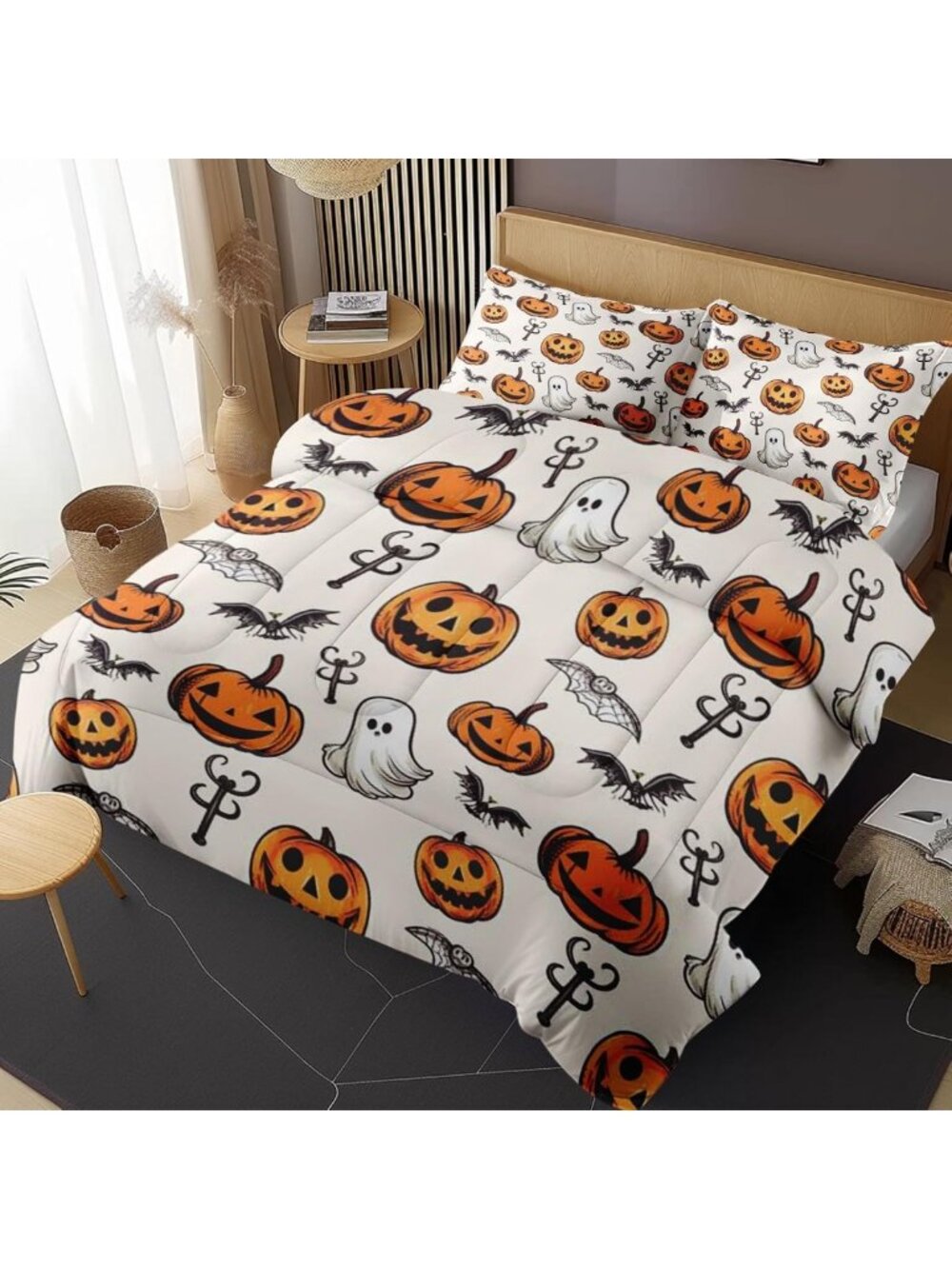 Cozy Queen Comforter Set of 3 - Halloween Pumpkins Bedroom Decor, Fall Theme